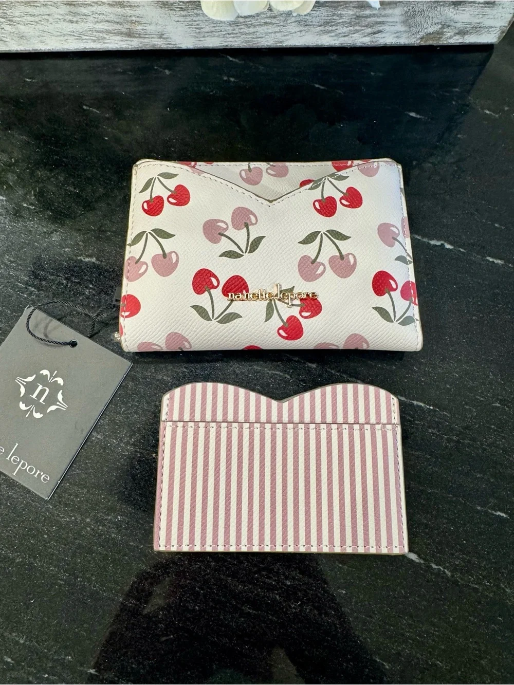 🍒🍃Nanette Lapore Clarra Wallet Cherry Hearts Pink Stripe NWT Bifold Wallet - Picture 3 of 7